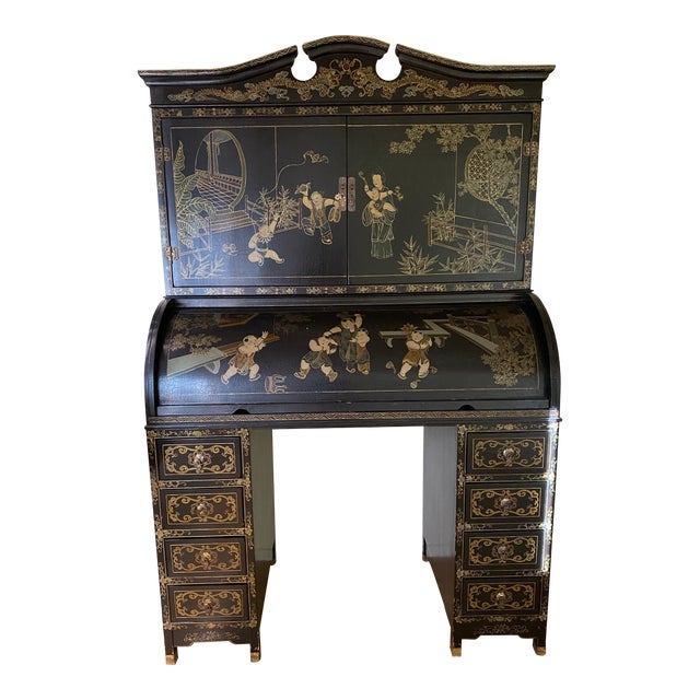 Antique Japanese Chinoiserie Roll Top Secretary Desk With Hutch Chairish