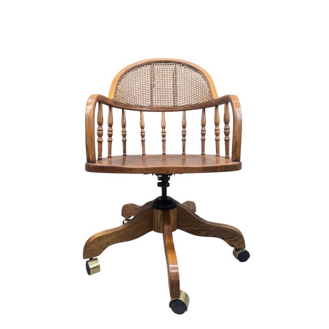 Vintage Cane Back Swivel Captain’s Desk Chairs by Min-Lee – Pair For Sale - Image 10 of 12