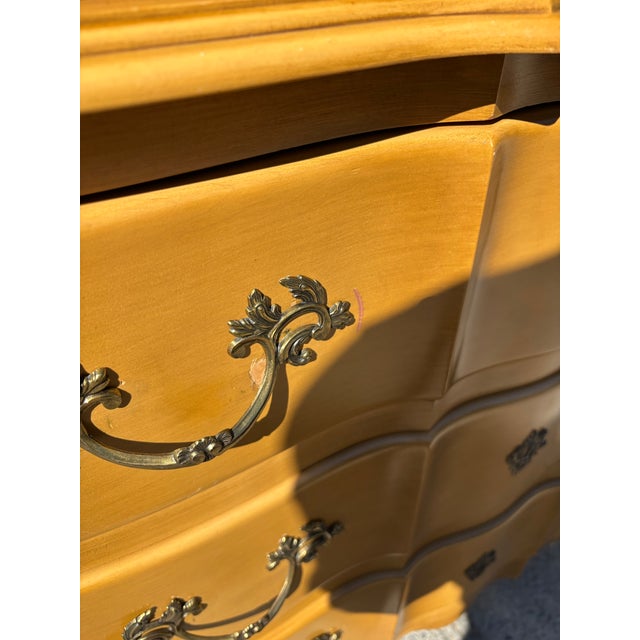 Vintage French Provincial Tall Chest, Serpentine Front Highboy With Carved Apron & Scroll Feet For Sale - Image 12 of 12