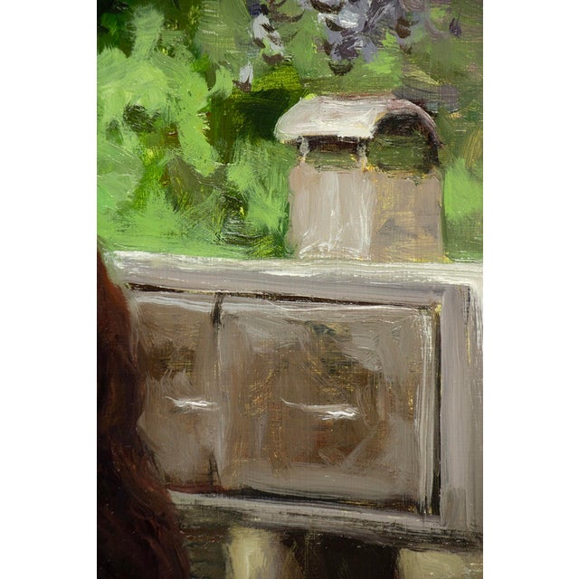 Wisteria by Nadezda | Oil on Panel Woman reaching for blooming wisteria flowers. For Sale - Image 4 of 5