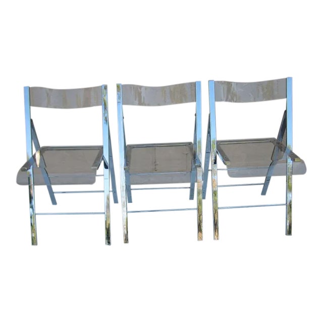 1990s Vintage Lucite Folding Chair With Chrome Frame Set of 3 For Sale
