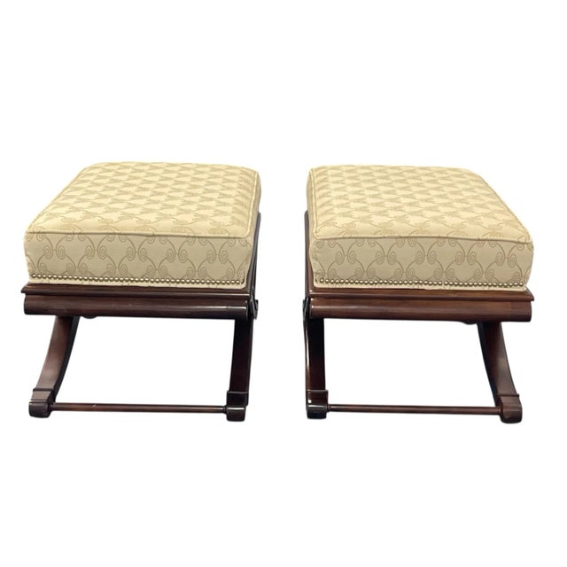 Mahogany Footstools With X Form Base, a Pair, Custom Upholstery, Ottoman, Bench For Sale In Naples, FL - Image 6 of 12
