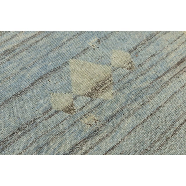 Modern Hand-Knotted Gabbeh Wool Rug – Minimalist Blue & Grey Geometric Tribal For Sale In New York - Image 6 of 8