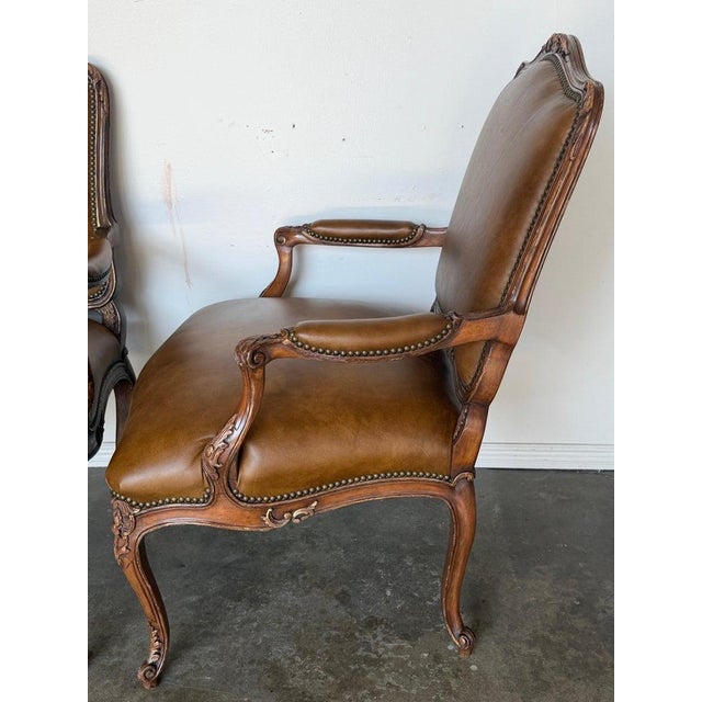 Pair of VIntage French Louis XV Cognac Leather Fauteuils For Sale - Image 17 of 18
