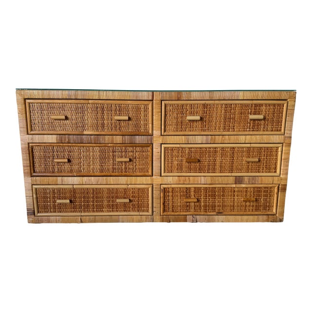 Vintage Coastal Rattan & Wicker Six-Drawer Dresser With Glass Top For Sale