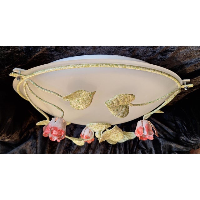 Florentine Ceiling Lamp with Colored Metal Flower Frame and Frosted Glass Shade, 1990s, in Very Good conditions. Designed...