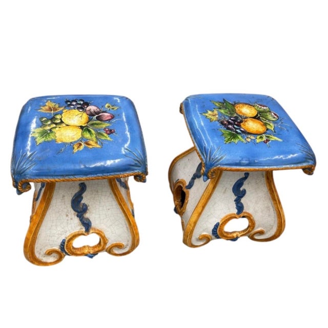 Elevate your living space with this striking pair of vintage hand-painted ceramic garden stools, crafted in the vibrant...