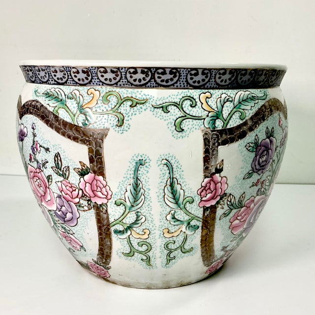 Vintage Chinoiserie Boho Chic Hollywood Regency Pink Famille Rose Koi Fish Bowl Planter. For Sale - Image 11 of 13