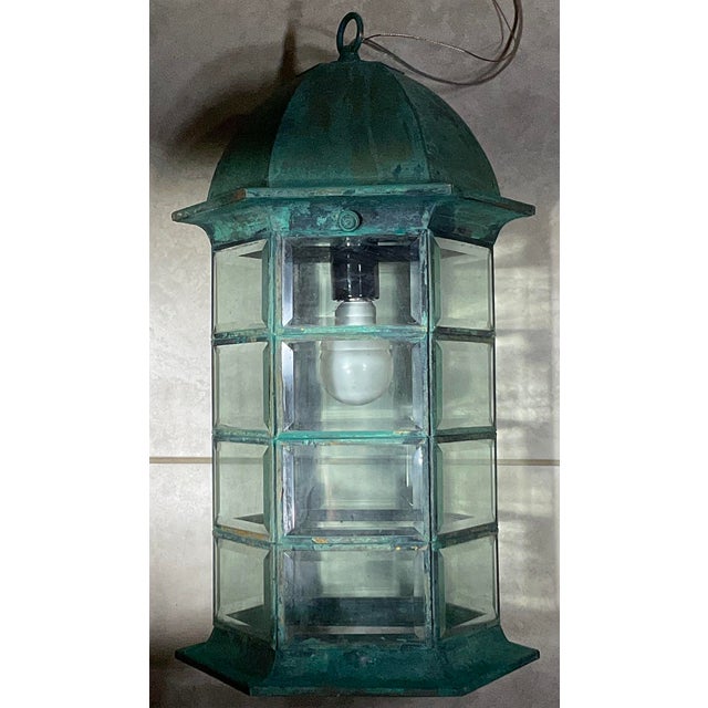 Vintage Solid Brass Hexagonal Hanging Lantern – Verdigris Patina 20”h X 11”w For Sale - Image 10 of 18