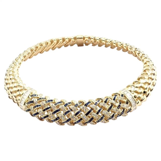 18k Yellow Gold Diamond and Sapphire Vintage Vannerie Basket Weave Necklace by Tiffany & Co. *This necklace has been...