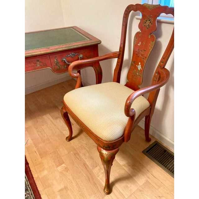 Wood Vintage Baker Queen Anne Scarlet Japanned Bureau Plat Conforming Chair For Sale - Image 7 of 12