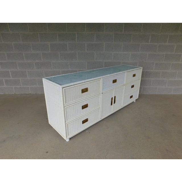 Faux Bamboo Campaign Style Wicker Dresser Coastal Style Attributed to Henry Link For Sale - Image 4 of 16