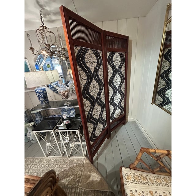 Vintage Mahogany & New Ikat Fabric 3 Panel Screen For Sale - Image 4 of 16