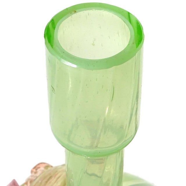Antique Uranium Reactive Glass Vaseline Art Glass Flower Vase With Applied Vine Leafs and Flower Buds For Sale - Image 10 of 11
