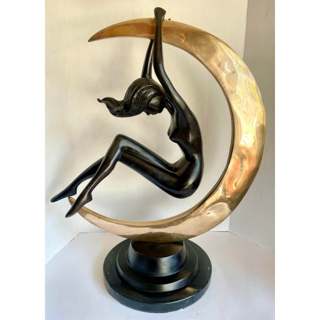 Art Deco Bronze Nude Figure Suspended in Brass Crescent Moon Sculpture on Marble Base For Sale - Image 12 of 12