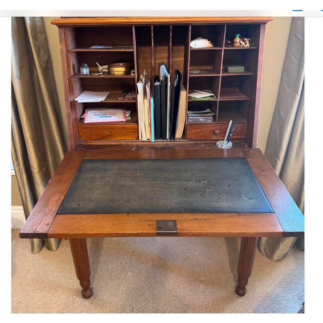 Beautiful early 1800's oak fall front plantation secretary writing desk with 9" fretwork crown around the top (removable...