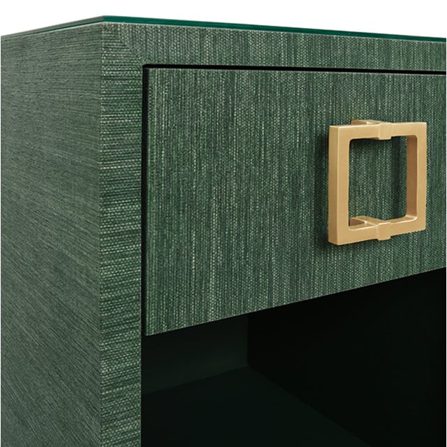 Dark Green Matthew Izzo Home Blair Dark Green Dyed Grasscloth One Drawer Square Side Table With Satin Brass Hardware and Glass Top For Sale - Image 8 of 8