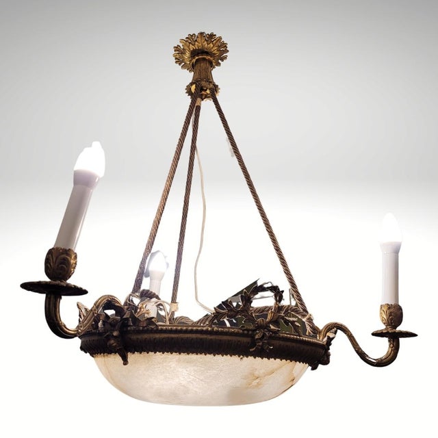 Art Nouveau Ceiling Lamp, Alabaster and Gilt Bronze, Early 20th Century – France Materials: Alabaster and gilt bronze...