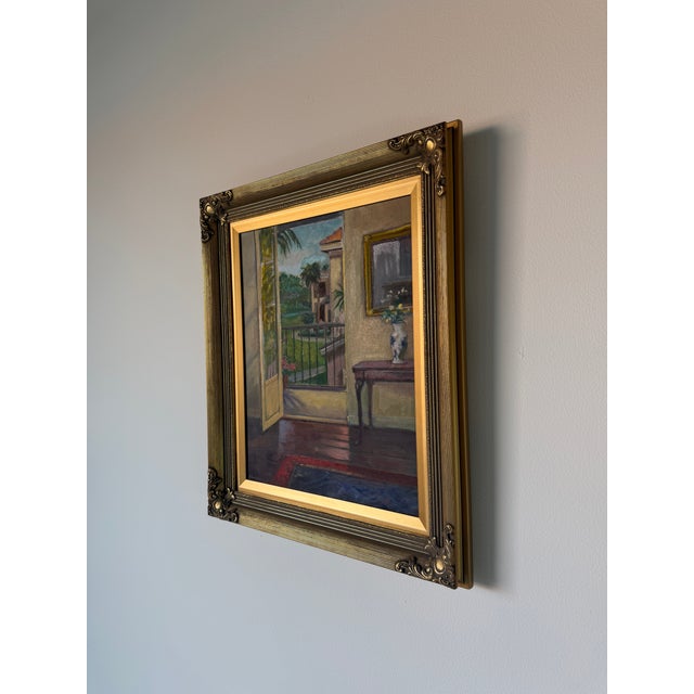 Vintage Mediterranean Villa Interior Oil Painting on Canvas – Framed For Sale - Image 4 of 12
