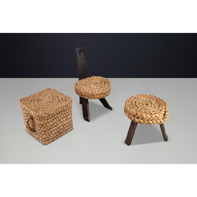 Vintage French Rope Chair with Stool and Basket from Audoux Minet, 1960s, Set of 3 For Sale - Image 3 of 15
