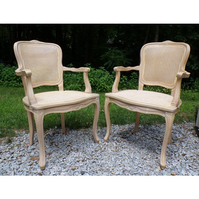 Vintage Pair Harris Marcus Italian Double Cane Arm Chairs French Country Carved Accent Chairs Late 20th Century matching...