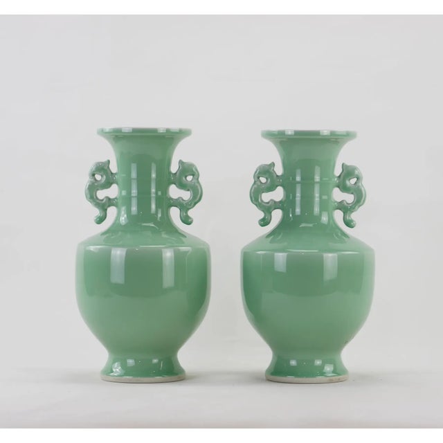 Chinese 20th-Century Holly Glaze Double Dragon Ear Vases- a Pair For Sale - Image 3 of 10