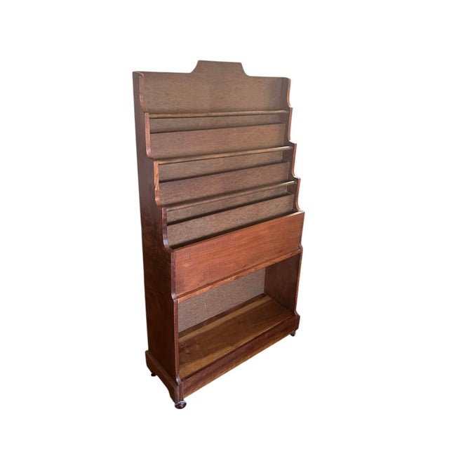 Mid-Century Modern Vintage Mid Century / Arts & Crafts Wooden Book Shelf / Case / Trough / Magazine Rack / Library Stand / Holder With Rolling Brass Ball Feet For Sale - Image 3 of 12