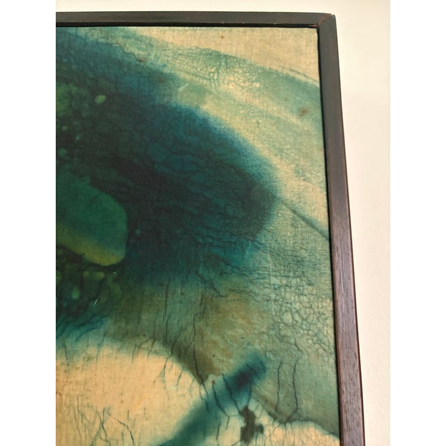 Teal Pair of Vintage Batik Lotus Paintings, Signed, Teal and Coral Wall Art For Sale - Image 8 of 11