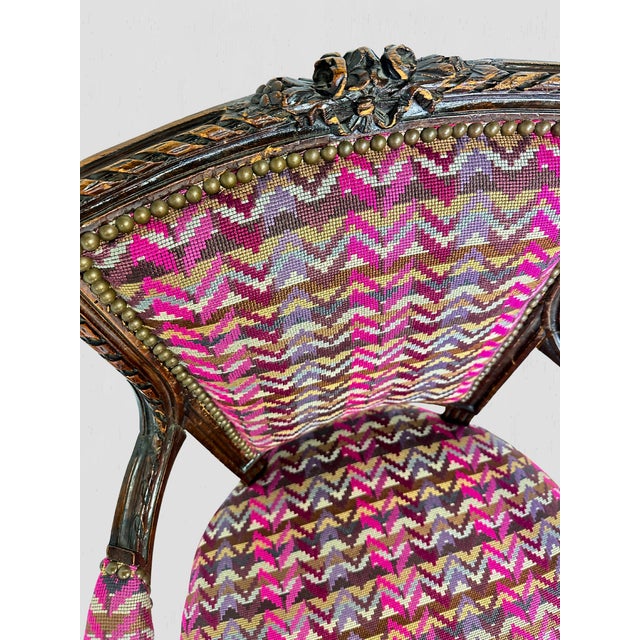 French Mahogany Square Back Chair Pair Pink Velvet Magenta Purple Petit Point For Sale - Image 13 of 17