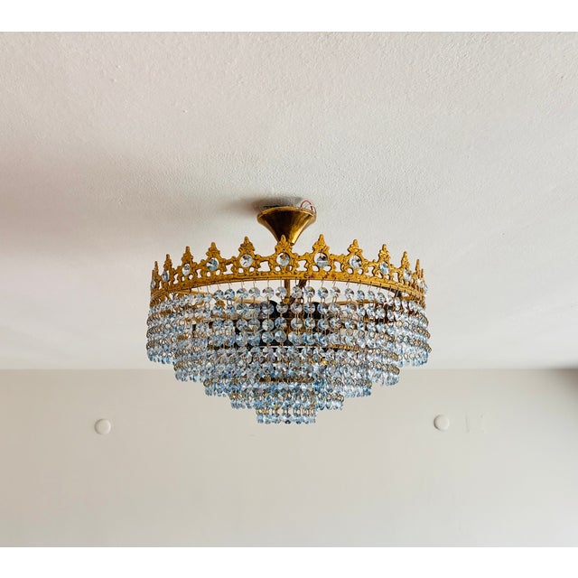 1960s Vintage French Crown Style Flush Mount Brass Chandelier With Soft Blue Crystals⁠ For Sale - Image 11 of 17
