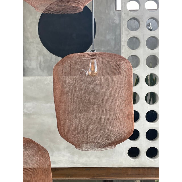 Contemporary 21st Century Handcrafted Knitted Barrel Lamp in Copper Color D50cm For Sale - Image 3 of 12