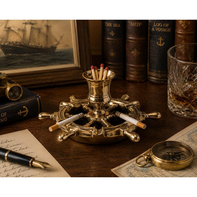 Brass Ship's Wheel Ashtray w/ Match Holder For Sale - Image 4 of 5