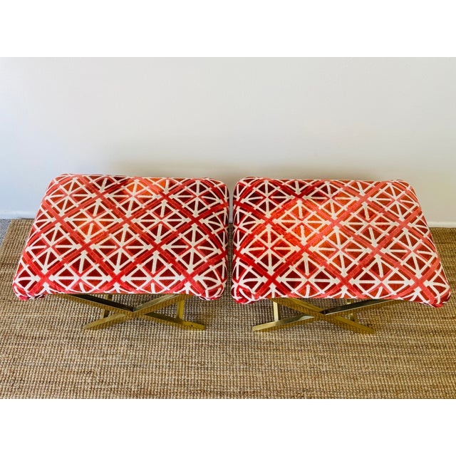 Vintage 1970s Pair of Brass X Base Weiman / Warren Lloyd Mastercraft Geometric Velvet Upholstered Stools Ottomans For Sale - Image 15 of 18