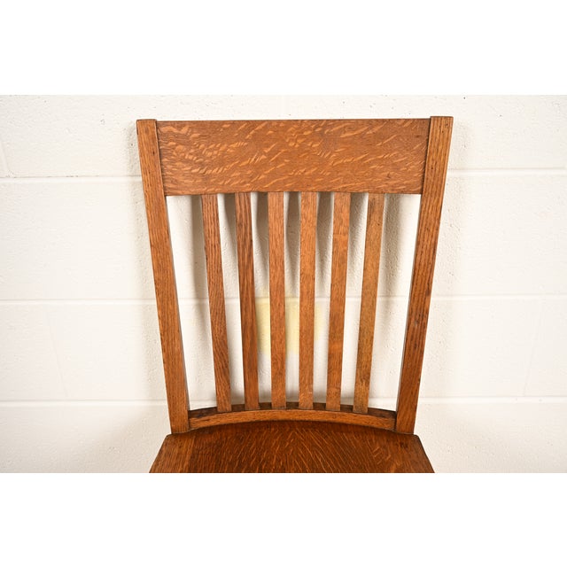 Wood Limbert Style Antique Mission Oak Arts & Crafts Spindle Back Side Chairs or Dining Chairs, Pair For Sale - Image 7 of 14