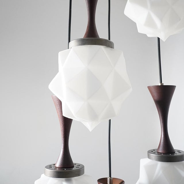 5-Pendant Chandelier in Glass, Metal, and Teak from Reggiani, 1960s For Sale - Image 9 of 15