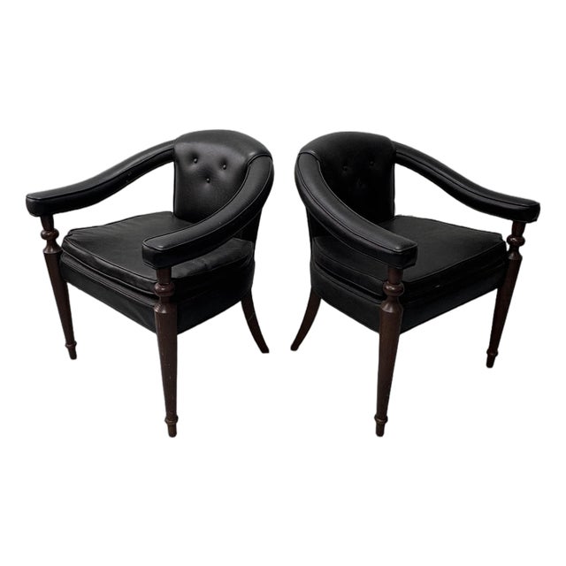 Vintage Tufted Leather Barrel-Back Tub Armchairs, Pair, C. 1970s For Sale