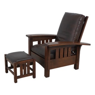 Stickley Mission Oak Leather Morris Chair & Ottoman For Sale