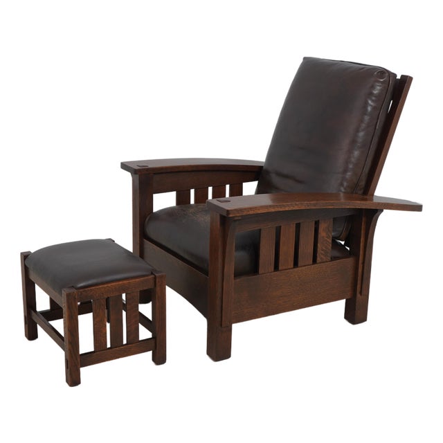 Stickley Mission Oak Leather Morris Chair & Ottoman For Sale