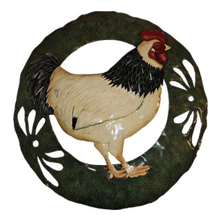 Vintage Hand-Painted Metal Rooster Wall Art For Sale