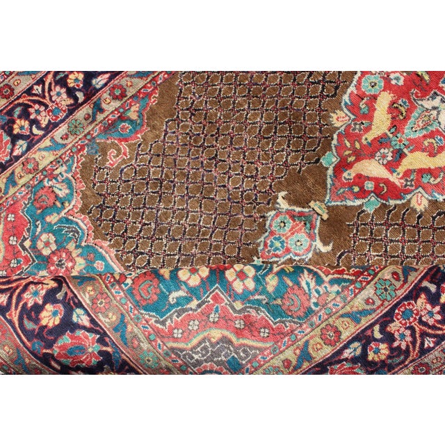 Camel Hair Vintage Persian Serab Rug in Brown, Red, Turquoise and Dark Blue For Sale - Image 10 of 13