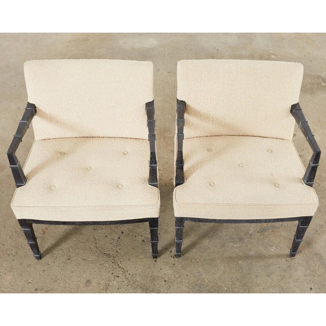 Pair of Modern Cerused Oak Faux Bamboo Bouclé Armchairs For Sale - Image 4 of 12