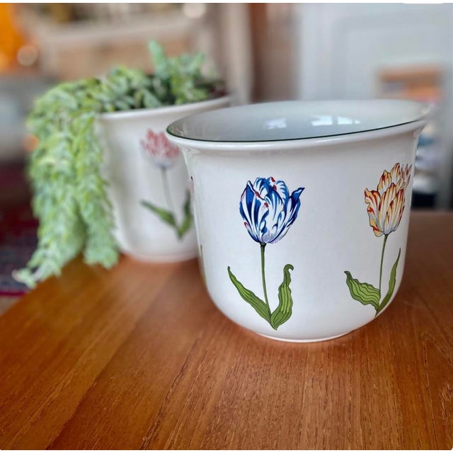 Tiffany & Co. Tiffany Tulips Cachepot with Flared Rim, Printed Tulips Motif at Sides, Green Accent Trim and Brand Stamp at...