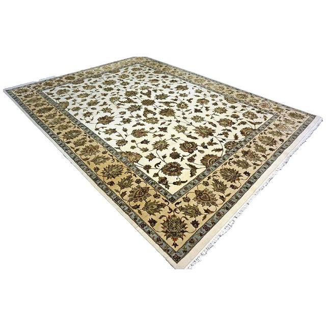 Indian Indian Tabriz Wool & Silk 9x12 White Ivory, Tan, Blue, & Green Handmade Area Rug #1144267 For Sale - Image 3 of 9