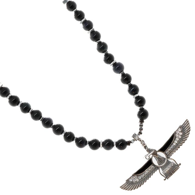 Guardian Angel Faravahar Pendant Black Tourmaline Beaded Necklace For Sale In Miami - Image 6 of 12