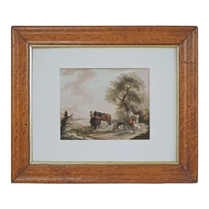 Antique Falconry Sporting Gouache Painting Horses Men Greyhounds Falcon Game Birds Framed Signed MB Monogram