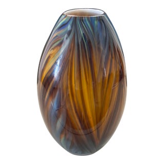 Vintage Murano Glass Brown and Blue Striped Vase For Sale