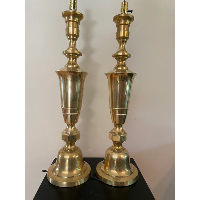 Tall Mid-Century Modern Asian Inspired Brass Urn Lamps- a Pair For Sale - Image 4 of 13