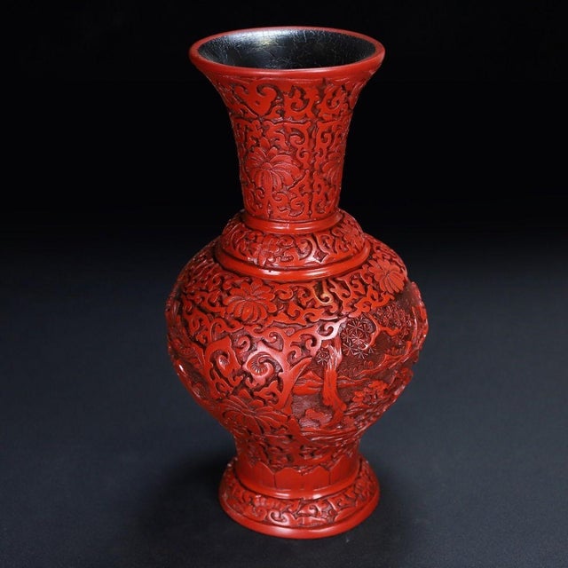 Cinnabar Lacquer Vase Pair / Carved Red Lacquer Landscape Vases For Sale - Image 9 of 12