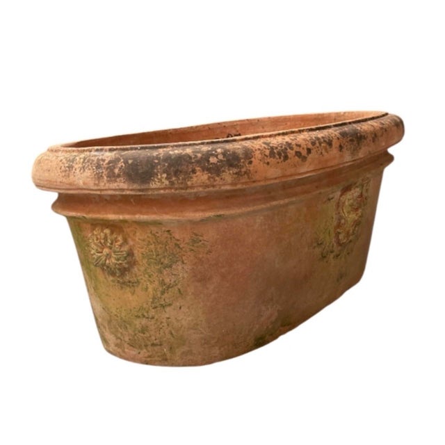 Tuscan Vintage Italian Tuscan Style Terracotta Oval Planter Trough With Mascaron Relief For Sale - Image 3 of 12
