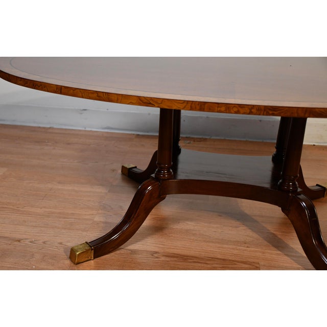 1940s English Regency Style Walnut Banded Satinwood Oval Top Coffee Table For Sale - Image 11 of 14
